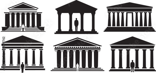 Set of Building with Columns and Person Silhouette, Black and White Vector Illustration