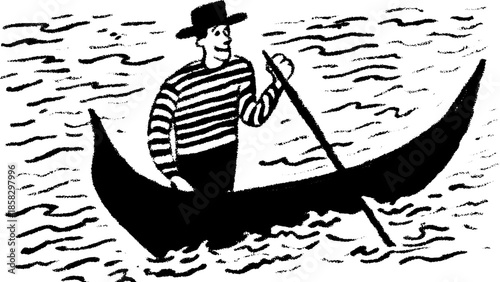 Gondolier on a boat in vintage style. Simple black and white vector illustration portraying a rowing character on water.