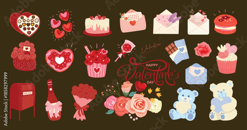 Valentine’s Day Cute Illustration Set with Cakes, Chocolates, Flowers, Envelopes, Hearts and Teddy Bears, Romantic Cartoon Icons for Greeting Cards, Stickers and Holiday Designs