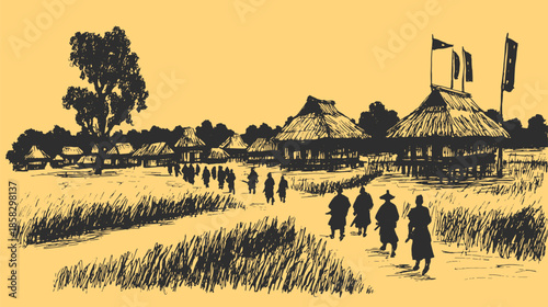 Traditional village landscape featuring huts and silhouettes of people on a path. This vector illustration highlights rural culture in a simplistic style.