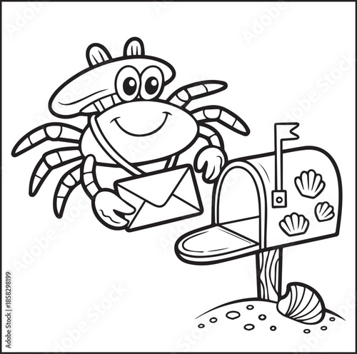 Postman crab ocean animal delivery letter black line art vector illustration doodle for kids coloring page design 