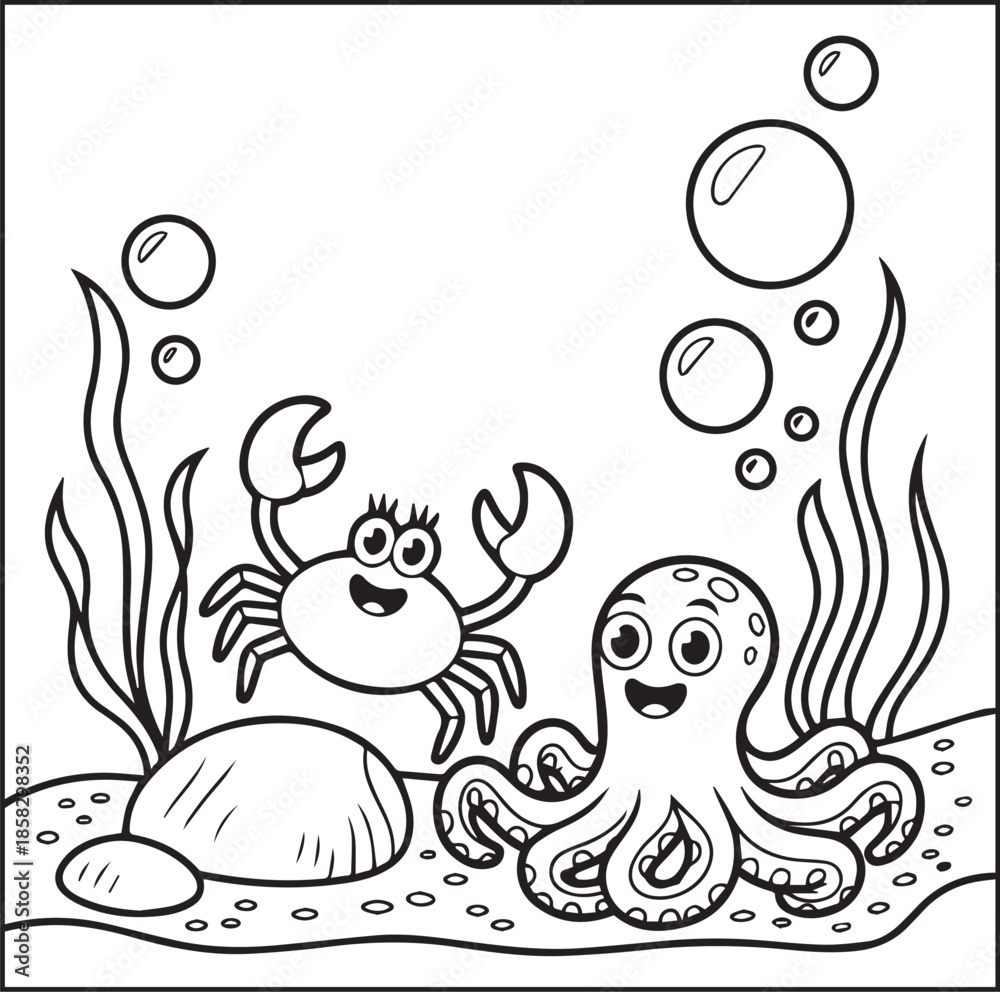 Fototapeta premium Cute crab ocean animal playing with octopus in underwater black line art vector illustration doodle for kids coloring page design 