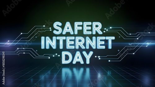 A digital illustration promoting safer internet day with glowing text and circuitry