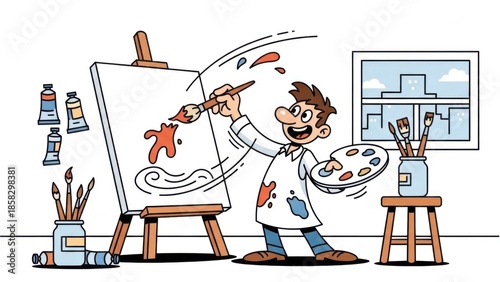 Energetic cartoon artist passionately creating new art on an easel in a bright studio