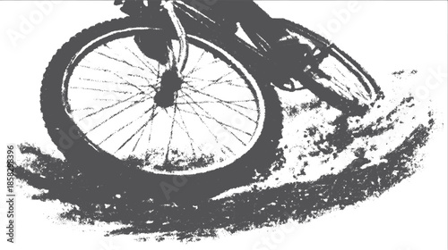 Bicycle wheel in motion on a dirt trail. Black and white vector illustration capturing dynamic cycling action in a simple design.