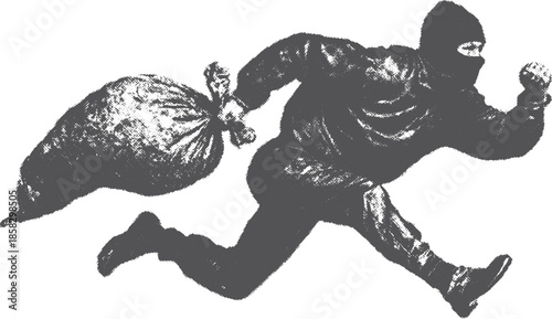 Thief silhouette running with a bag in hand. Simple black vector illustration depicting speed and urban crime in a stylized set.