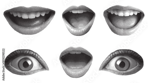 Set of retro halftone parts of body. Trendy halftone lips, eyes. Opened woman lips. Halftone collage elements. Vector illustration.