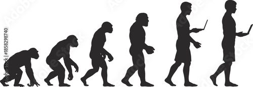 Evolution of man from primate to modern human holding a laptop computer, black silhouette progress concept, isolated on white background.