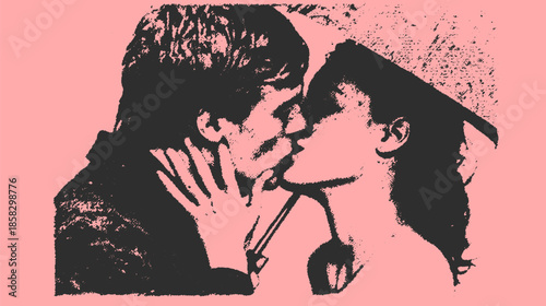 Couple kissing in a pink background. Simple and modern vector illustration capturing love and intimacy in a concise visual style.