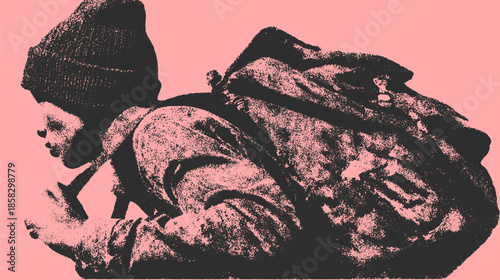 Backpack illustration of a boy's silhouette wearing a hat. Casual outdoor vector illustration set against a pink background.