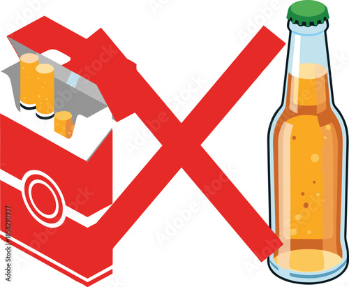 Prohibitive Red Cross Symbol over a Pack of Cigarettes and a Bottle of Beer Representing Healthy Lifestyle Choices and Addiction Prevention