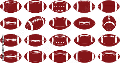 Set of American Football Illustrations in Various Positions Representing Sports Equipment Competitive Games Athletic Training and College Football League Season Concepts