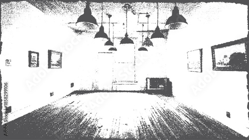 Room with white walls and five hanging lamps. A spacious indoor set with minimal decor features artwork and a wooden floor in this vector illustration.