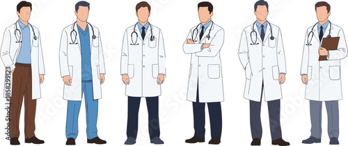 Set of Professional Male Doctors and Medical Staff Standing in White Lab Coats with Stethoscopes for Healthcare and Hospital Concepts