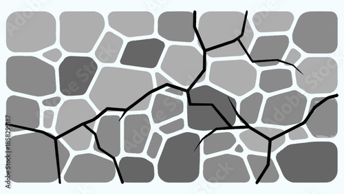 Abstract grayscale illustration of cracked stone wall texture background, seamless pattern