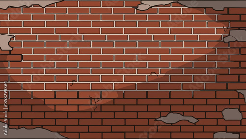 Cracked and weathered brick wall background with visible damage and a rough texture, ideal for various design uses