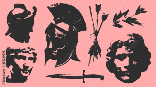 Historic helmets and swords depicted in a vector illustration set against a pink background. This black and white set features classical silhouettes.