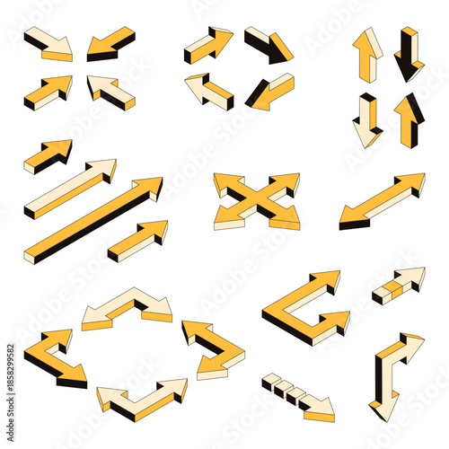 Vector set of 3D arrows, isometric objects, presentation elements, icons