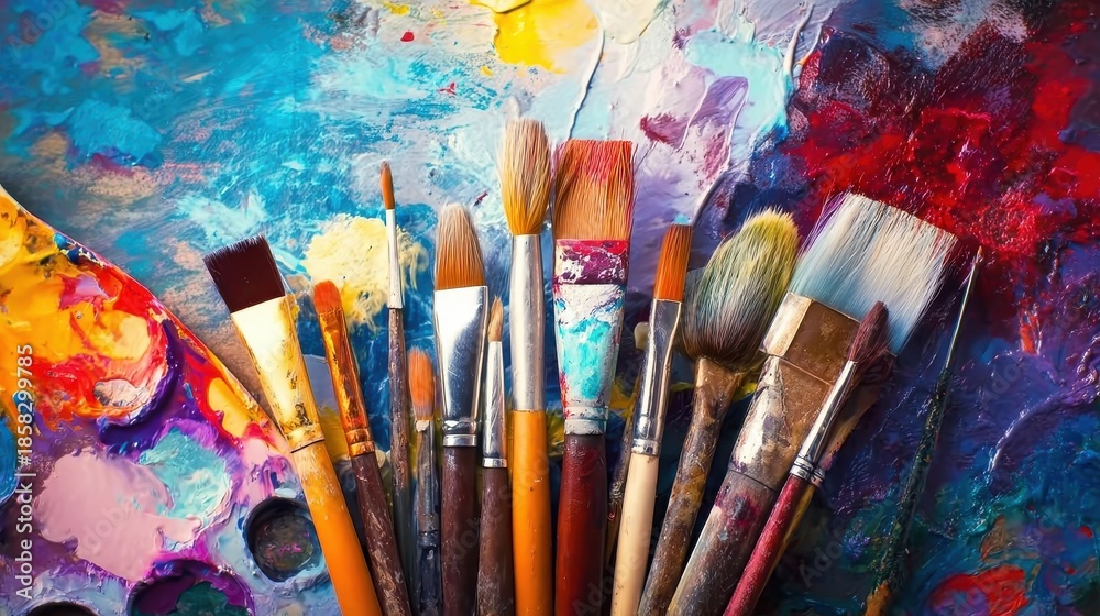 Fototapeta premium Closeup of paintbrushes with colorful splashes, perfect for advertisements, websites, and artistic content.