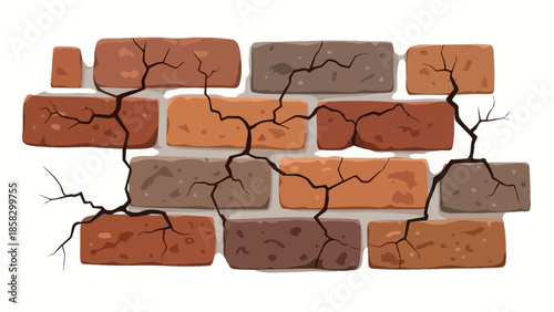 Detailed illustration of a cracked brick wall, highlighting texture and damage on a white background