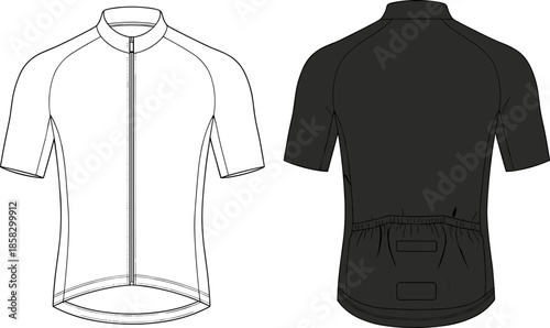 Short sleeve cycling jersey technical sketch, front and back view, apparel design template, sportswear illustration, vector fashion drawing for activewear