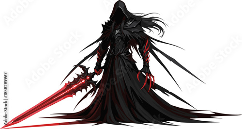 villain, fantasy, dark, character, sword, cloak, claws, hooded, red, creature, concept, art, design, mysterious, menacing,