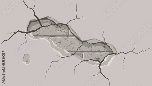 Illustration of Cracked Wall Revealing Bricks Damaged Surface, Grunge Texture and Vector Background