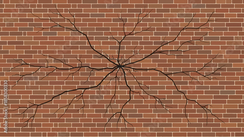 Close-up of a cracked brick wall with spiderweb-like damage, showing texture and detail