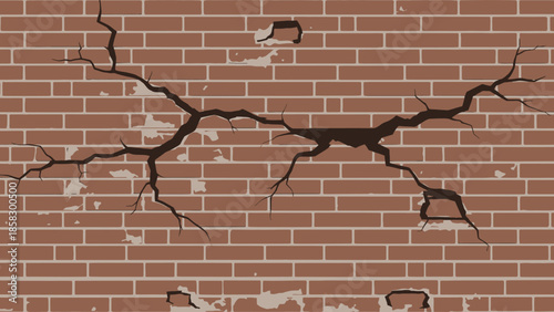 Close-up of Cracked Brick Wall, Illustrating Damage and Decay, With Textured Detail