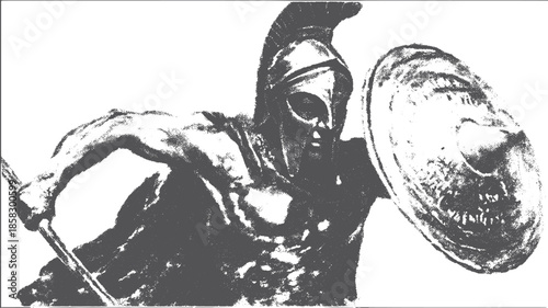 Fierce warrior with spear and shield, showcasing strength in a stylized monochrome vector illustration. A dynamic figure representing courage and honor.