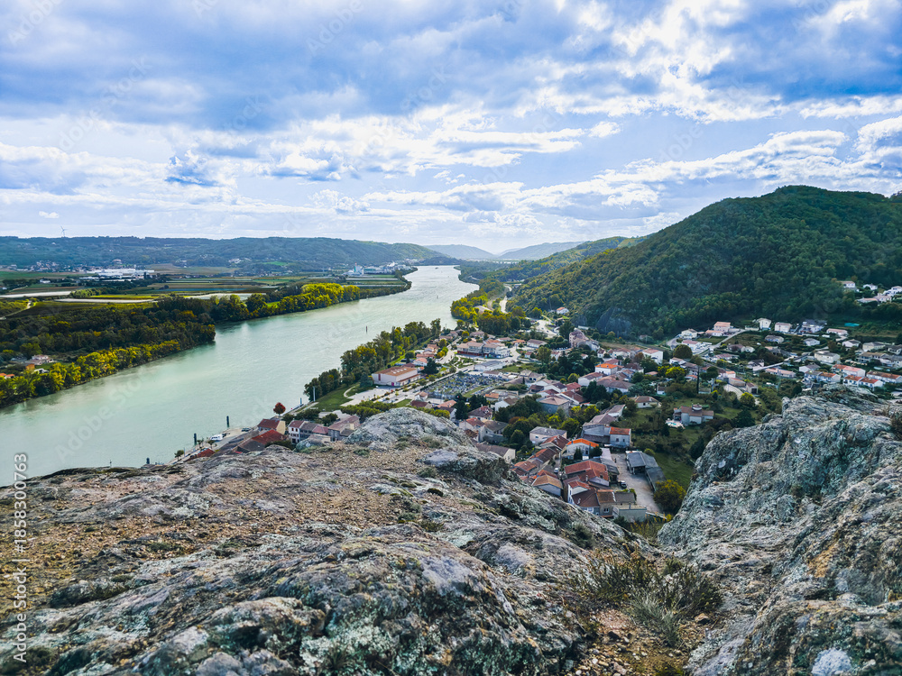 Fototapeta premium Rhône river and Andance view from hilltop, France – 5 October 2025 