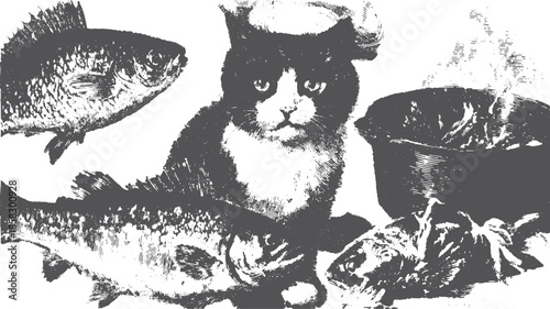 Cat chef preparing fish in the kitchen. Vintage monochrome vector illustration of a seafood cooking set.