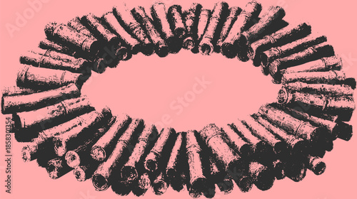 Cannons arranged in a circular pattern. Vintage illustration in sketch style with rustic details, creating a historical weapon set in vector format.