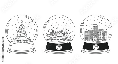 Set of three Christmas snow globes with a decorated tree a cozy village and city skyscrapers shown in a clean line art style.