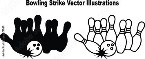 Dynamic Bowling Strike Game Action Outline and Silhouette Design Elements