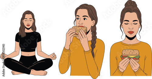 A Wellness Illustration Set Depicting a Woman Practicing Yoga Meditation and Mindful Eating While Holding and Enjoying a Fresh Healthy Sandwich.
