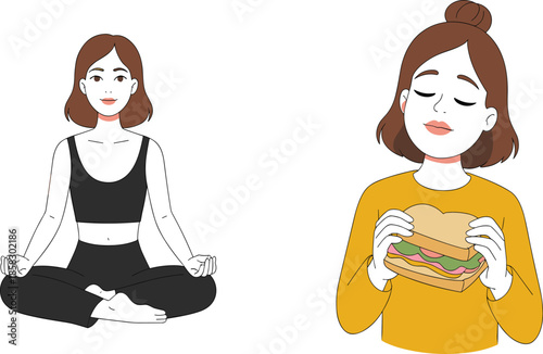 A Clean Line-Art Illustration Set Depicting a Woman Practicing Peaceful Yoga Meditation and Mindful Eating of a Healthy Multi-Layered Sandwich.