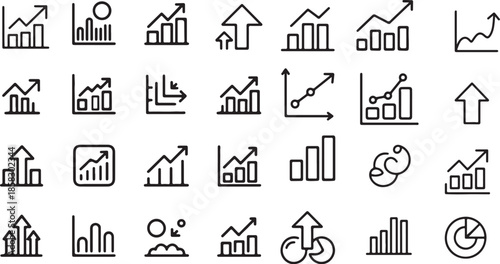 Collection of modern line icons depicting various growth charts and statistical data,  This comprehensive set features 28 minimalist line icons illustrating a wide range of growth charts, statistical 