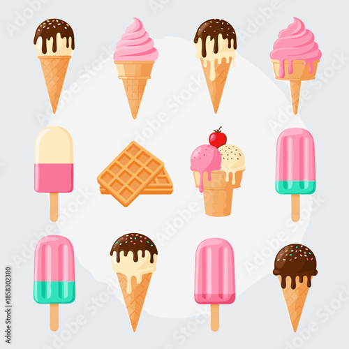 Assortment of colorful summer treats including ice cream cones with different flavors popsicles on sticks and crispy rectangular waffles.