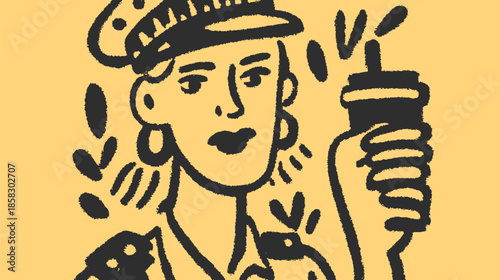 Woman officer holding a cup. Modern vector illustration in a simple black and white style on a yellow background.