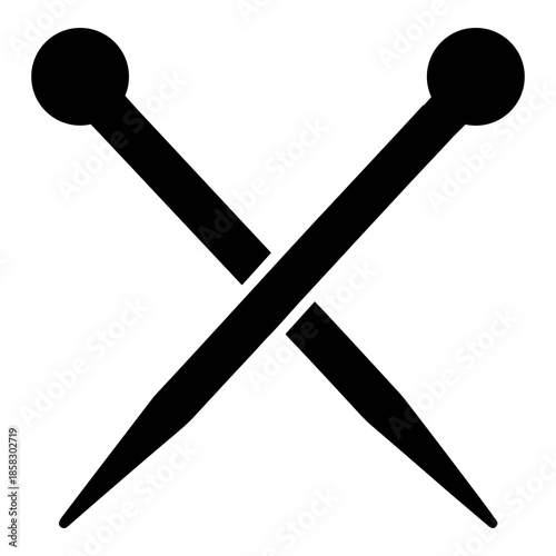 Two crossed sewing pins featuring rounded heads and sharp points are depicted in a minimalist, stark black silhouette graphic icon form.