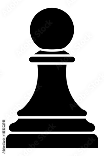 A classic, stylized, black silhouette icon representing a traditional chess pawn piece, essential for strategic board gameplay simulation and design projects.