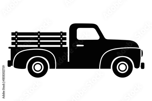 Silhouette icon depicting a classic vintage pickup truck with wooden stake sides, representing traditional American hauling and transportation vehicles.