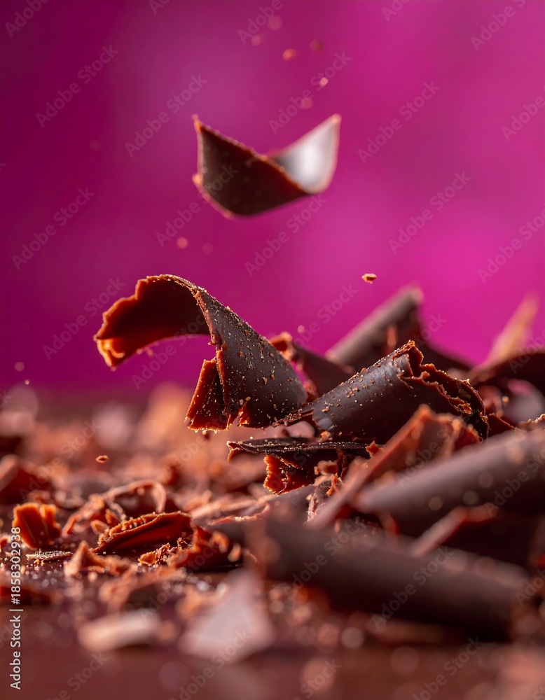 Fototapeta premium A Chocolate Cake decoration process with chocolate shards falling onto a pile of shaved chocolate on a dark surface against a magenta background