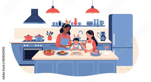 Happy family with bunny ears painting Easter eggs together in a modern blue kitchen with various baking supplies on the table.