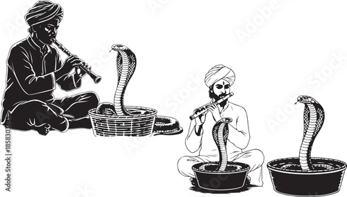 Traditional indian snake charmers playing music to hypnotize cobras in black and white