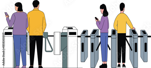 A Flat Illustration Featuring Commuters in Casual Wear Using Mobile Phones While Passing Through Modern Subway Turnstiles and Security Gates.