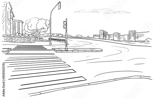 Pedestrian crossing in the city, black and white sketch. Vector illustration. Traffic lights and road signs, silhouette of multi-story buildings. City landscape and park isolated on white background.