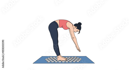 Young woman in sportswear performing a forward bend yoga pose on an acupressure mat for health and physical relaxation at home.