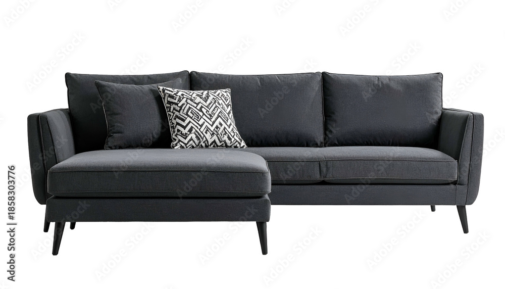 Fototapeta premium Dark gray sectional sofa with chaise and accent pillow, studio shot